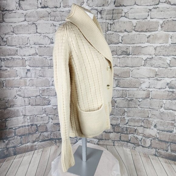 Vintage Virgin Wool Shawl Collar Cardigan Button Front Patch Pockets Cream Med - Picture 10 of 16